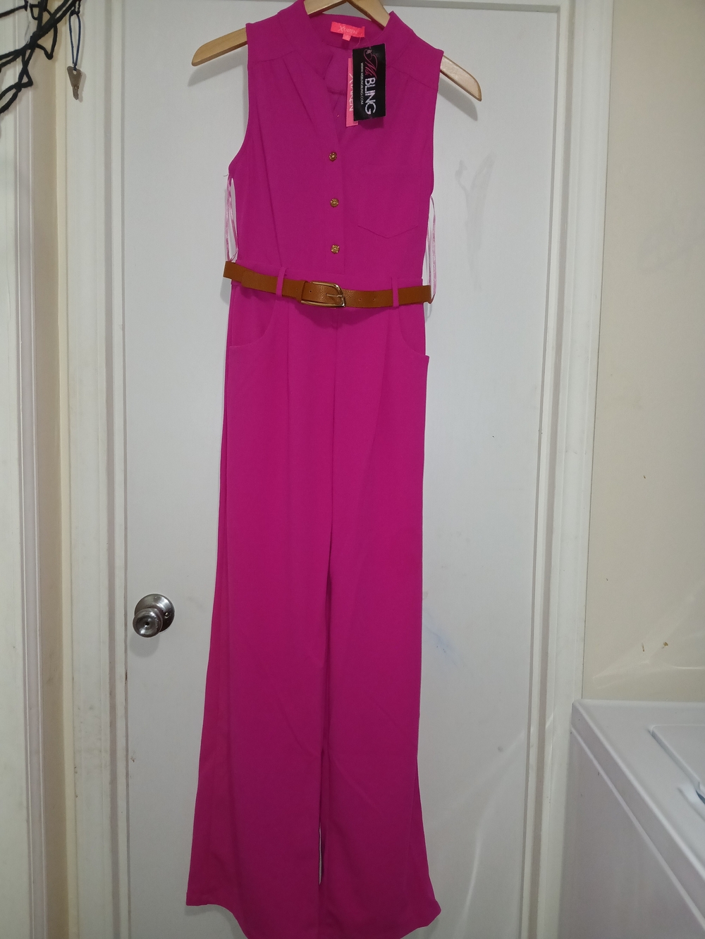 MRS. BLING  Fuchsia Sleeveless Wide-Leg Jumpsuit with Tan Belt
